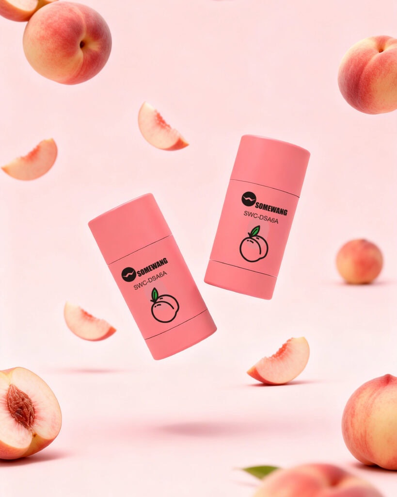 Peach-themed lip balm containers with floating peaches on pink background.