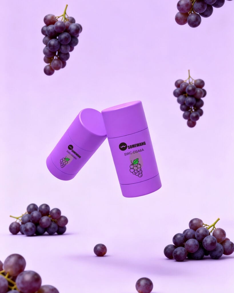 Purple grape-shaped containers by Somewang Packaging on a purple background.