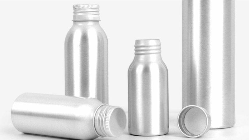 Aluminum bottles for packaging cosmetics and personal care products.