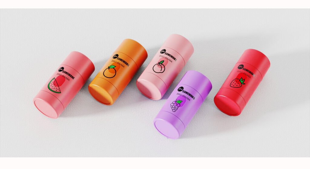 Colorful cosmetic bottles with fruit labels for skincare products.