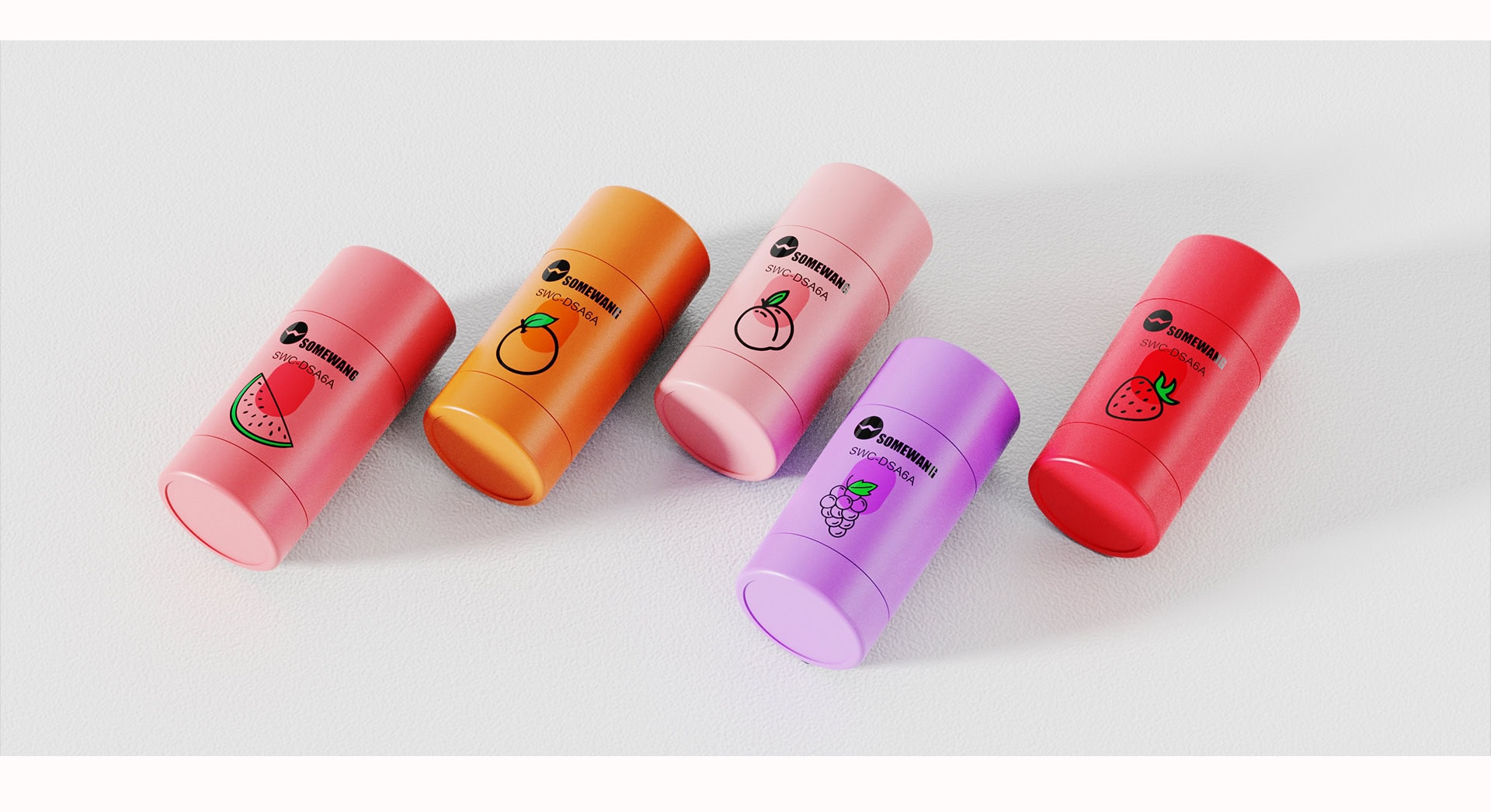 Colorful cosmetic bottles with fruit labels for skincare products.