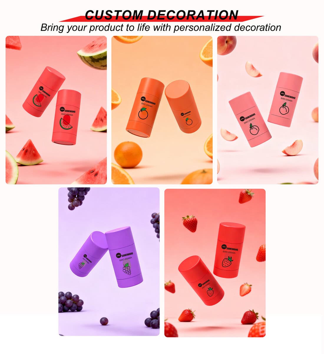 Colorful personalized packaging with fruit-themed designs for branding.