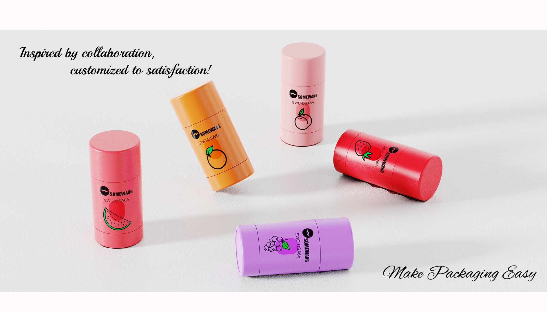 Colorful cylindrical packaging containers with fruit illustrations for branding.