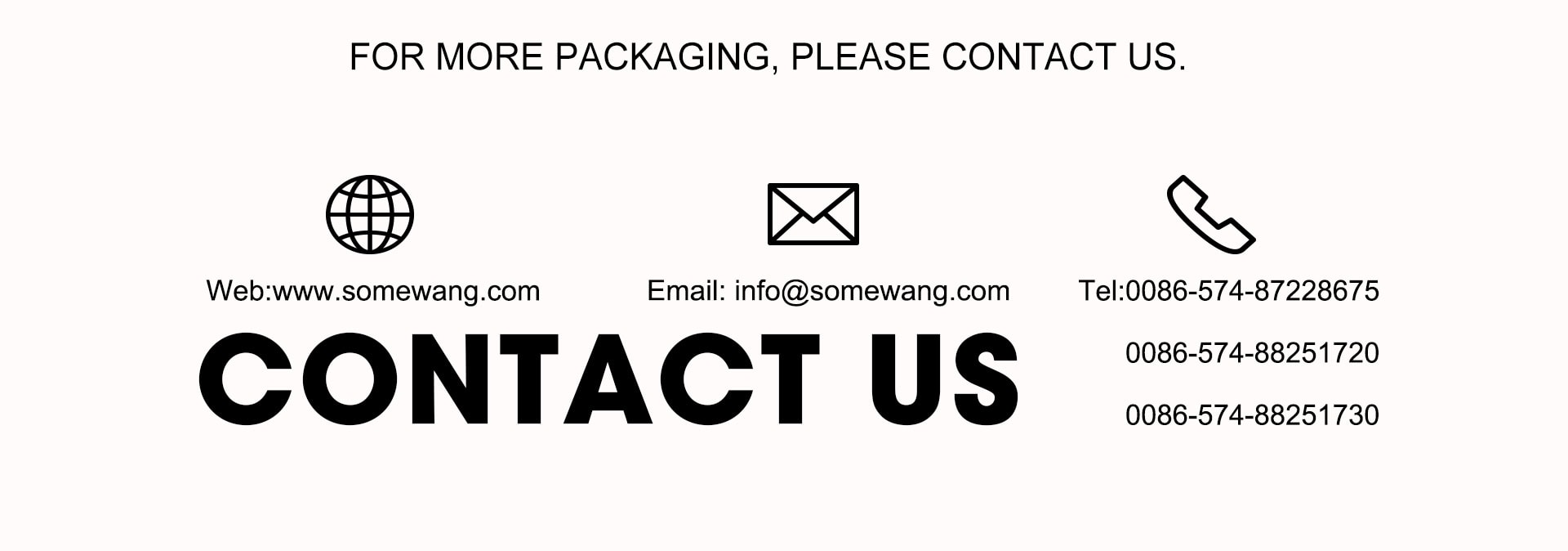 Contact details for Somewang Packaging including website, email, and phone numbers.