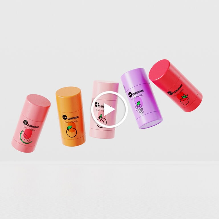 Colorful cosmetic containers with fruit illustrations for packaging.