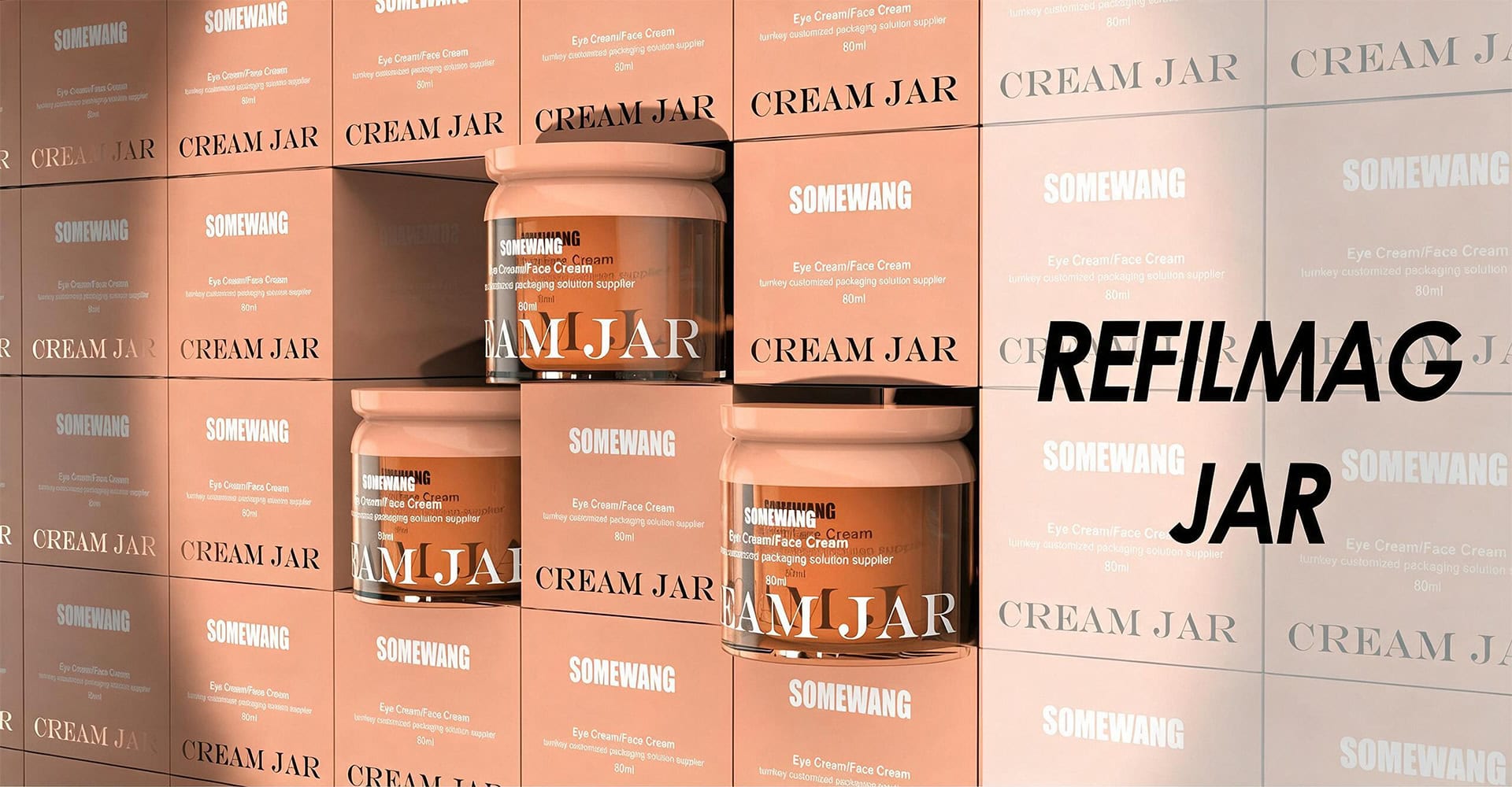 Stacked cream jars with Somewang Packaging branding for cosmetic products.