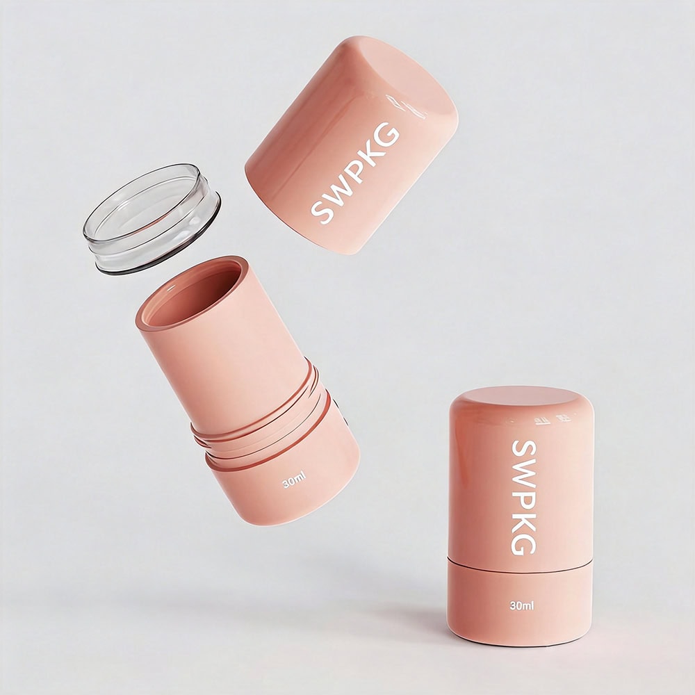 Pink 30g PP deodorant stick with clear lid, compact and portable design.