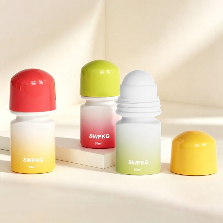 Colorful 50g PP roll-on bottles for cosmetics and personal care products.