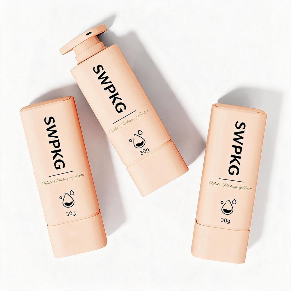 Three peach-colored airless lotion bottles with pump and cap, branded SWPKG, on white background.