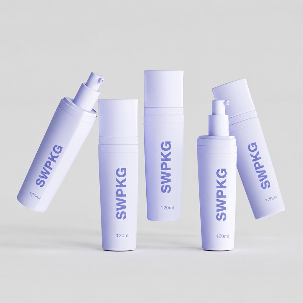 Set of 120ml PET triangle bottles for cosmetics by Somewang Packaging.