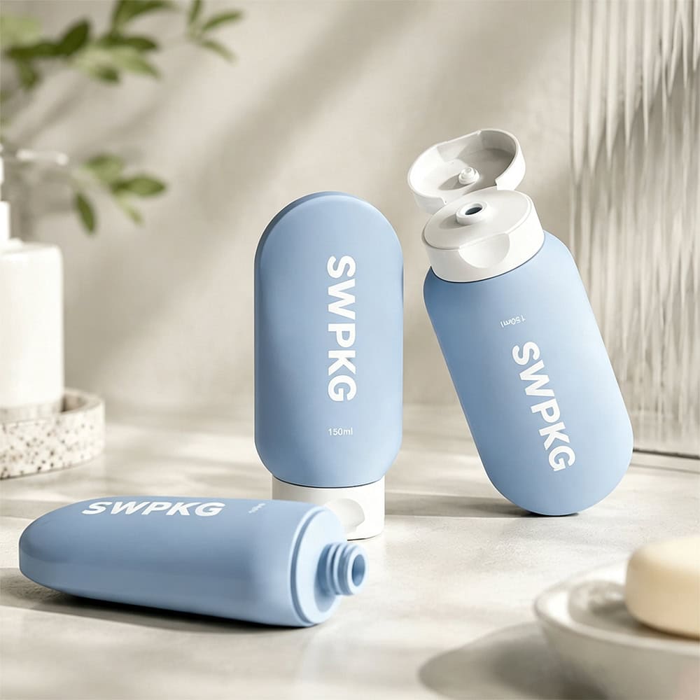 Light blue plastic skincare bottle with pump and cap, branded SWPKG, 100ml capacity.