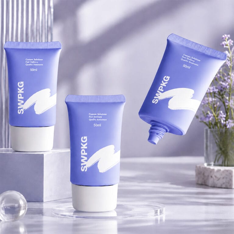 Blue cosmetic tubes with white caps for skincare products.