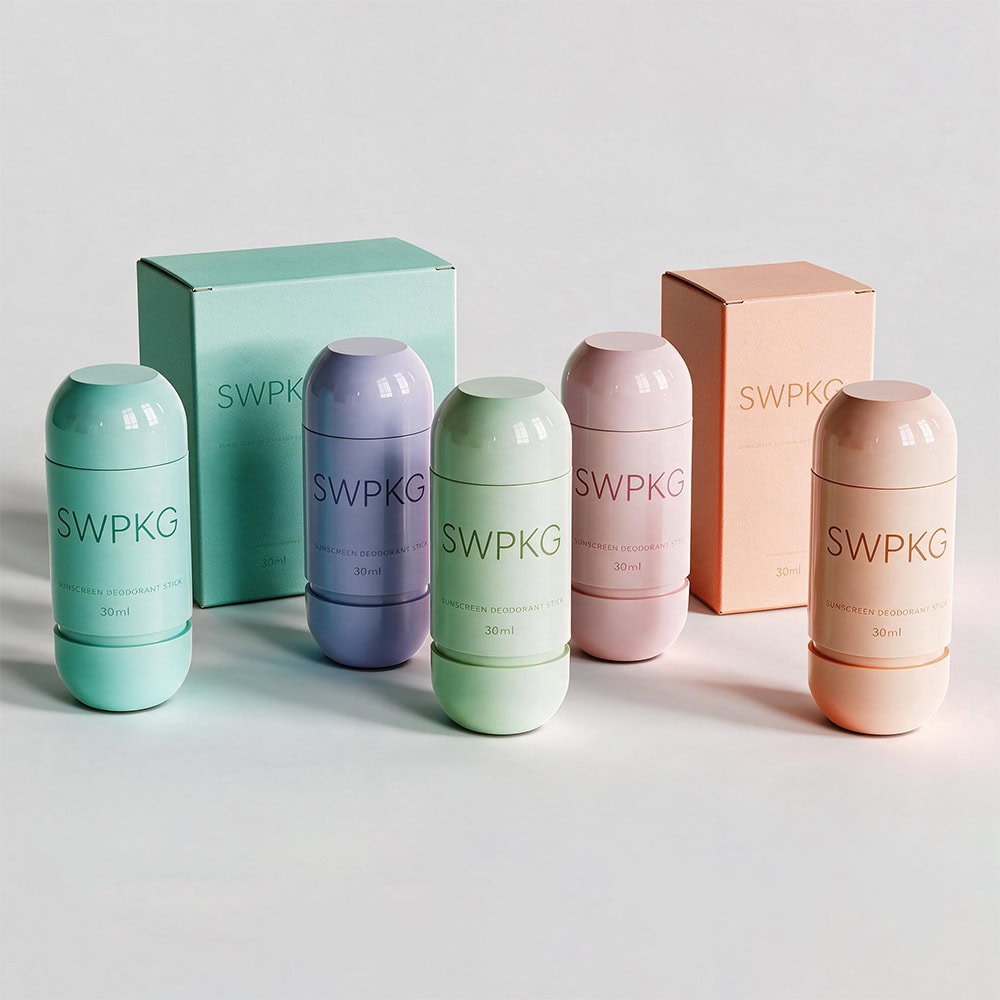 Colorful cylindrical deodorant containers with matching boxes for packaging.