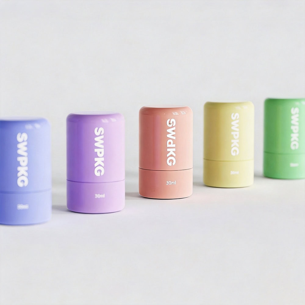 Set of five colorful 30g PP deodorant sticks with SWPKG branding.