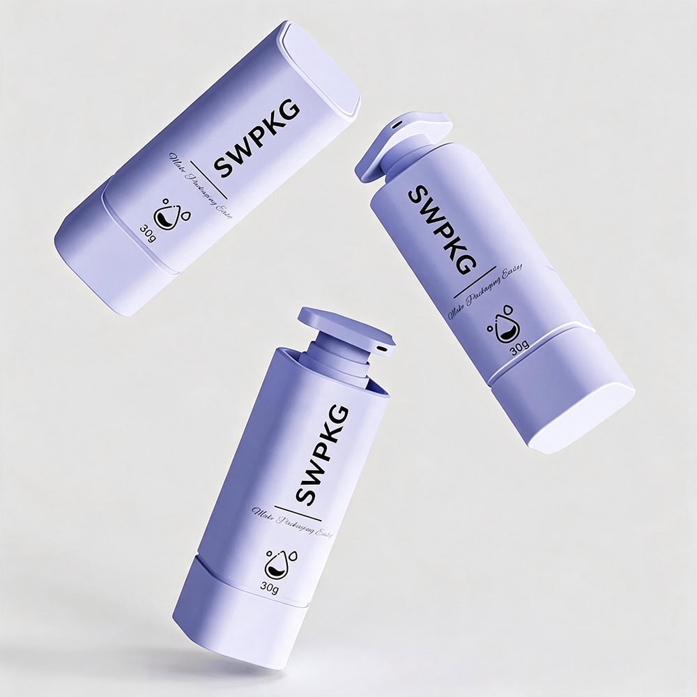 Three white airless pump bottles for skincare with black text and logo.