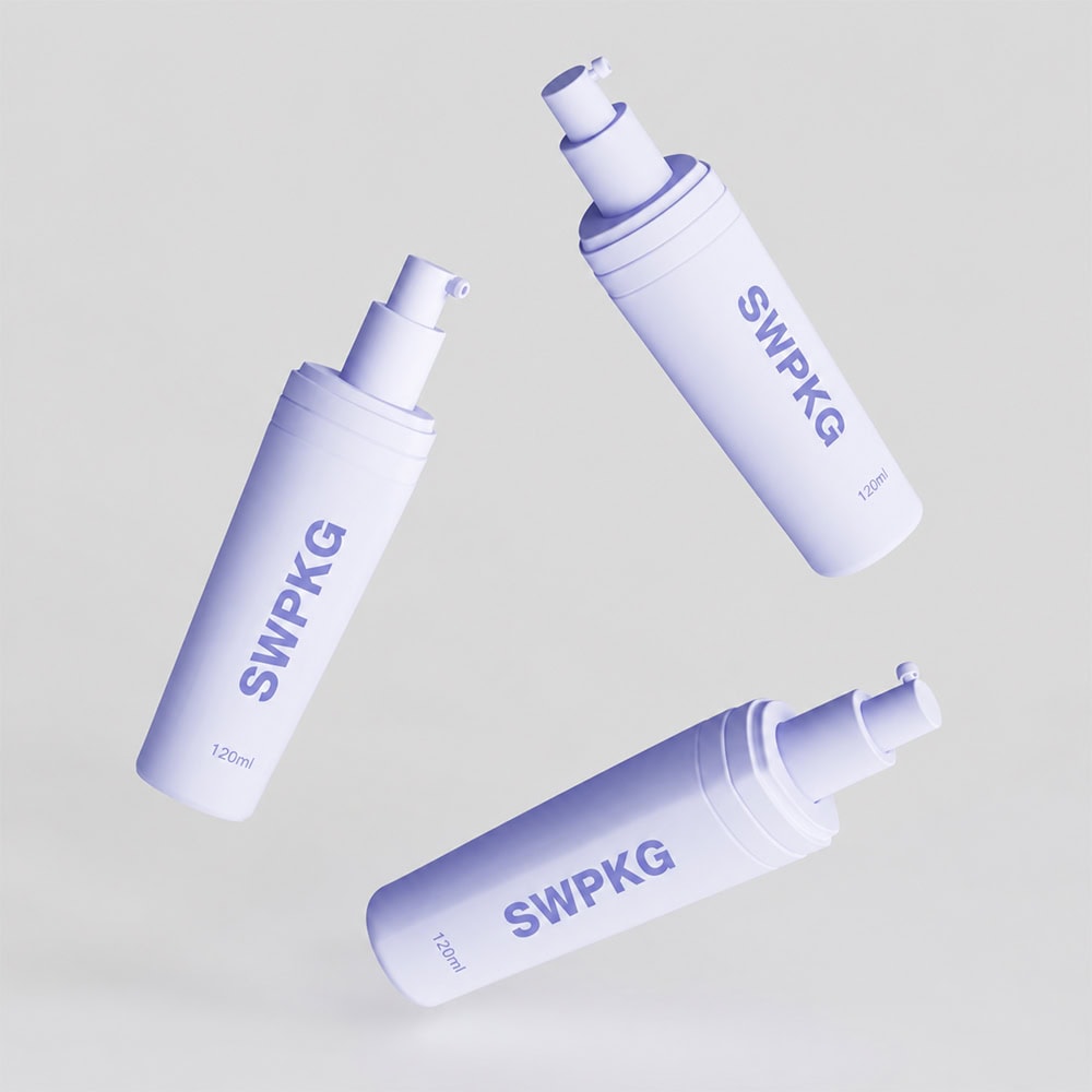 Three 120ml PET triangle bottles for cosmetics with white caps and blue text.