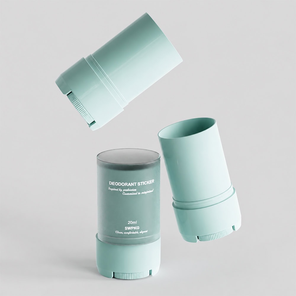 Light blue deodorant stick container with removable cap and label.