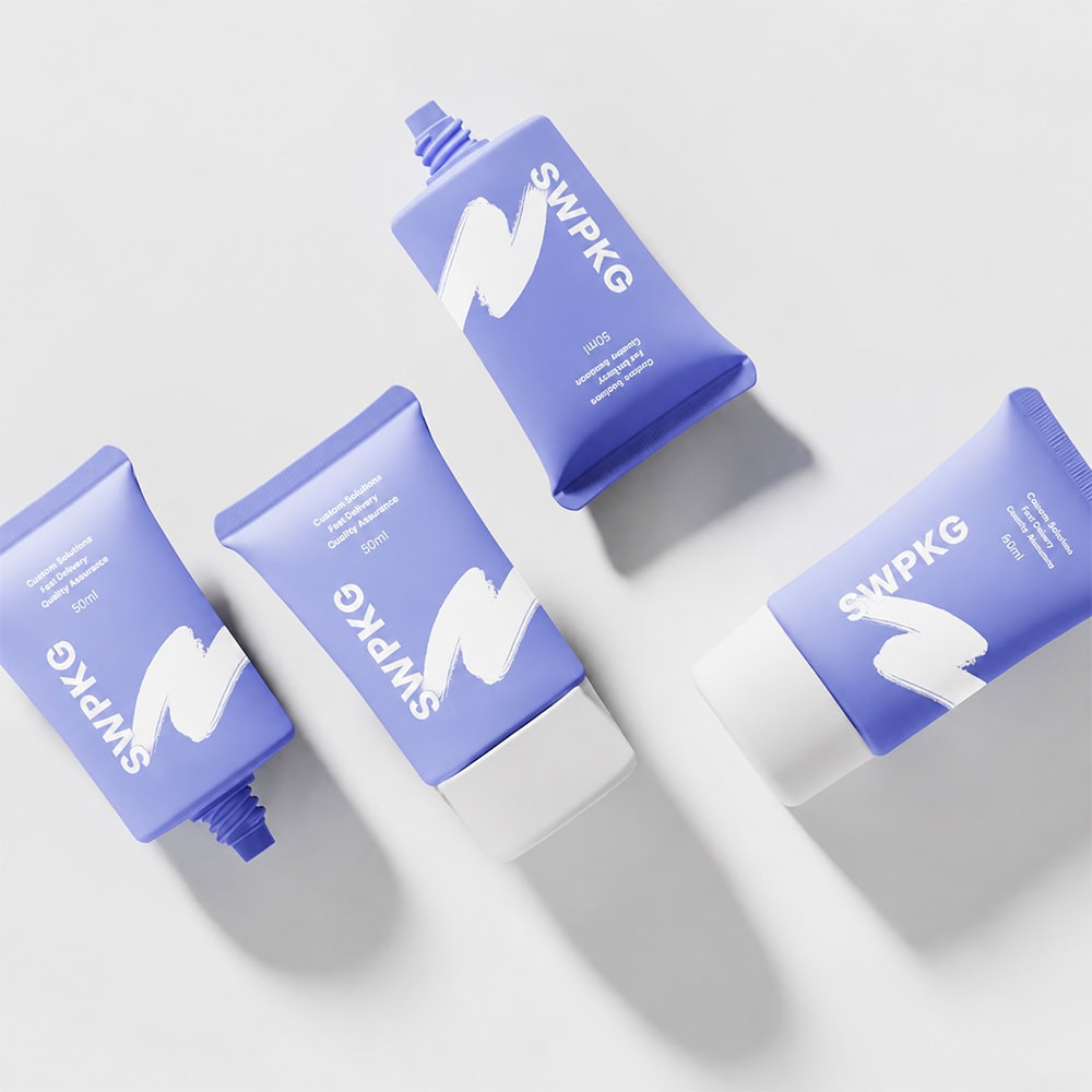 Blue cosmetic tubes with flip top caps and offset printing for skincare products.