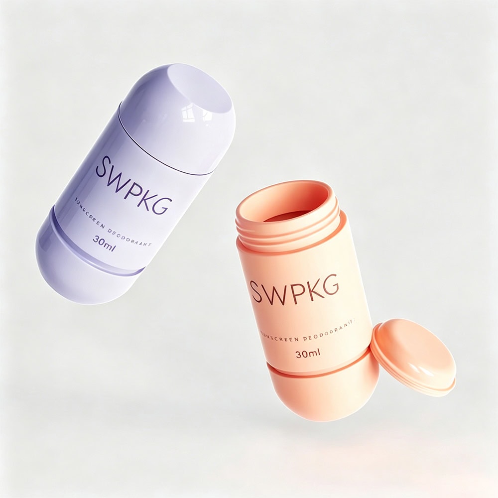 Two cylindrical deodorant containers, one purple and one peach, with open lid and closed lid, on a白色.