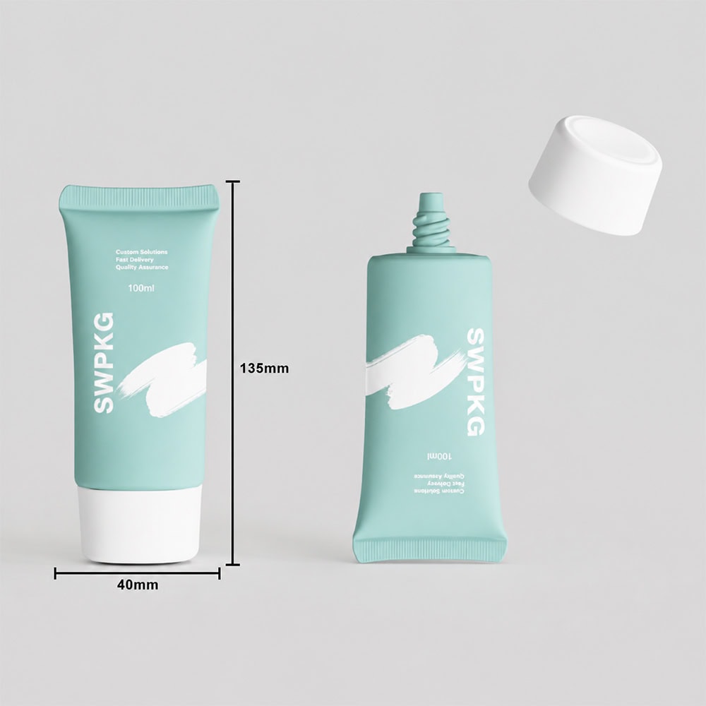 PE flat tube with screw cap for packaging, 100ml capacity, light blue color.