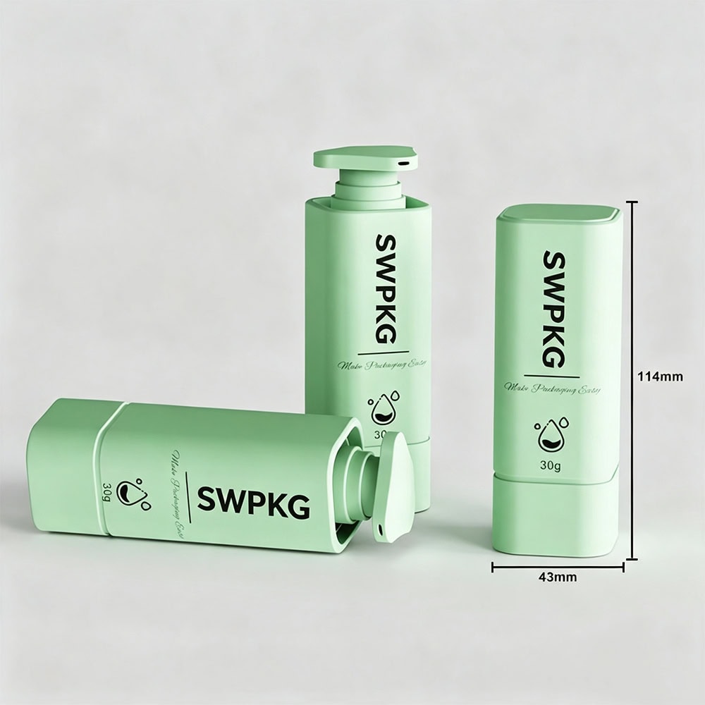 Set of green skincare bottles with pump and cap, 30g, 50g, 80g, 100g, for cosmetic packaging.