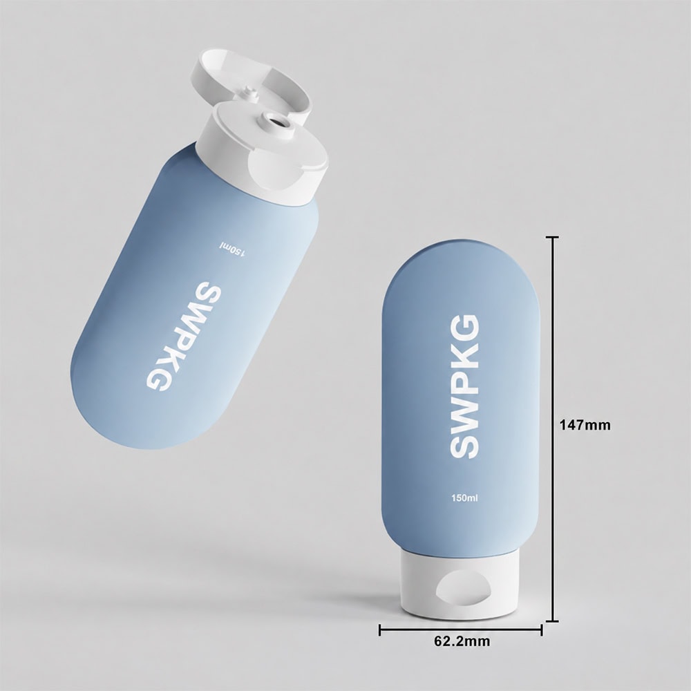 Light blue plastic skincare bottle with pump, 150ml capacity, 147mm height, 62.2mm diameter.