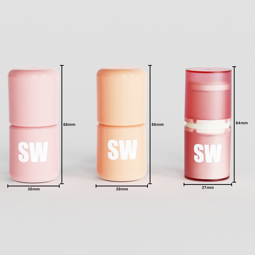 Three colorful deodorant stick containers with dimensions for packaging design.