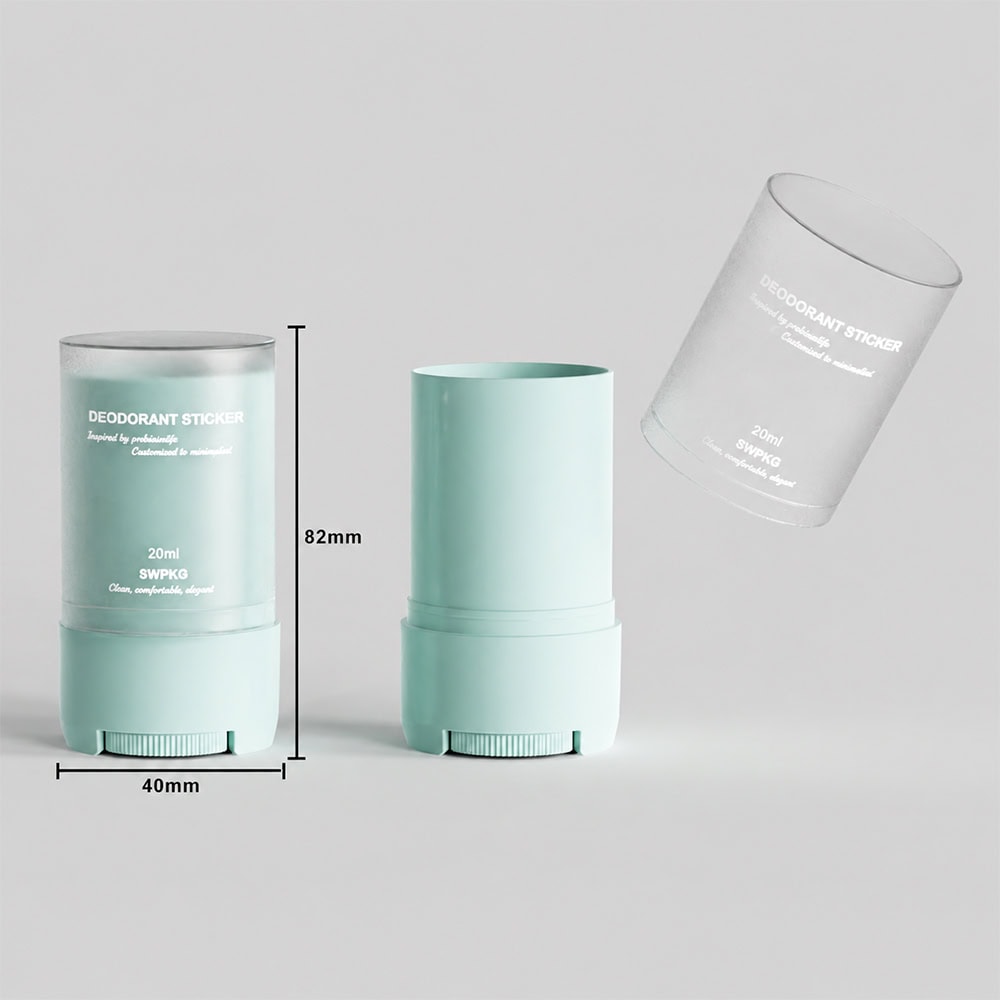 Light green 20g deodorant stick container with dimensions 82mm height and 40mm width.