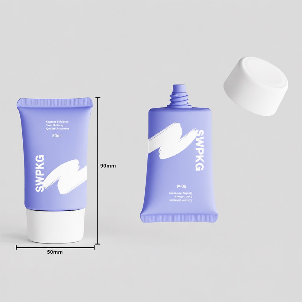 Blue cosmetic tube with white cap and flip top for skincare products.