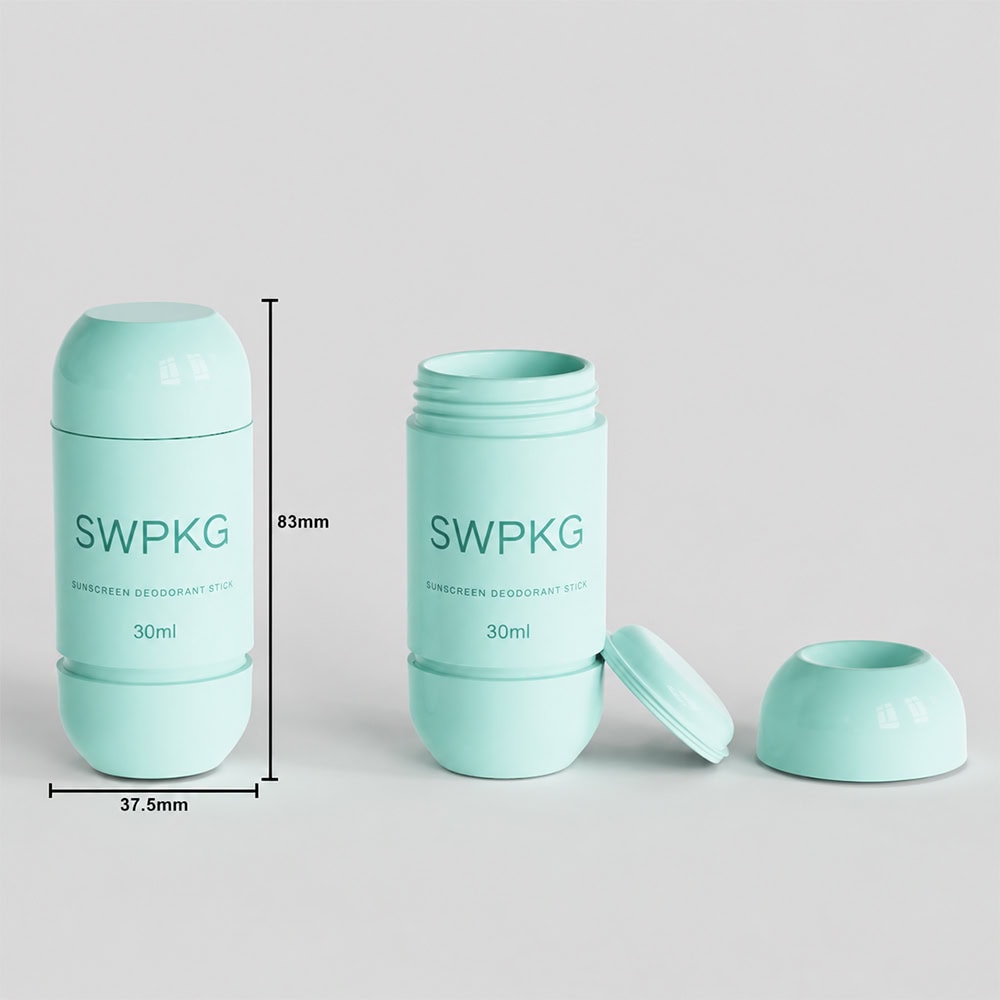 Light blue cylindrical deodorant stick container with removable cap and product label.