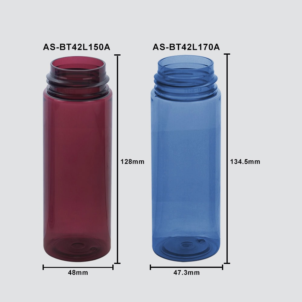 Two colorful PET bottles for foam packaging, 150ml and 170ml sizes.