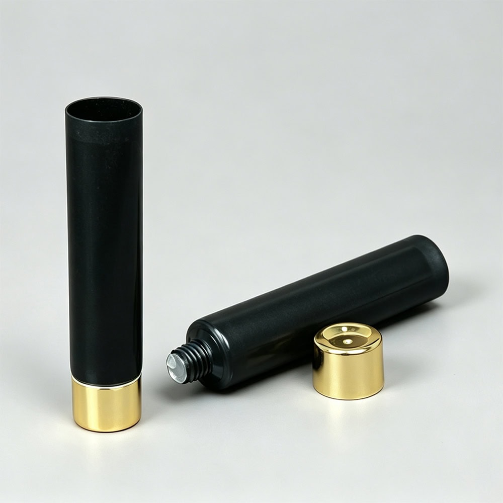 Black 5ml PE cosmetic tube with gold cap and screen printing surface.
