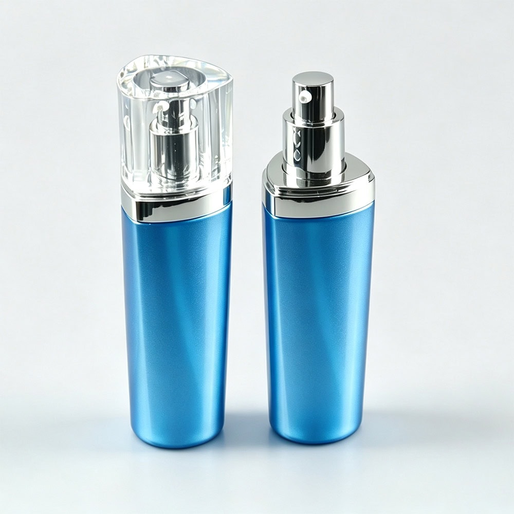 Two blue cosmetic spray bottles with clear and silver caps for packaging.