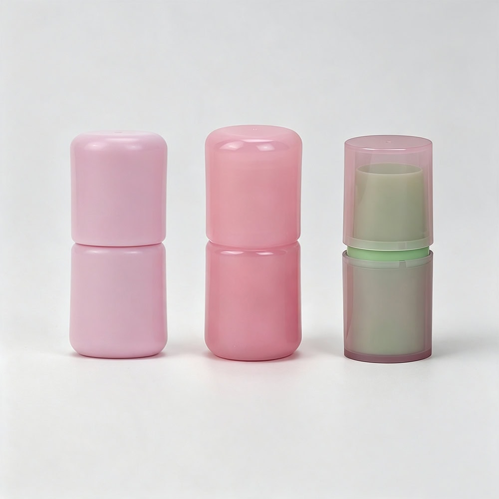 Pink deodorant stick containers with transparent cap for personalized packaging.