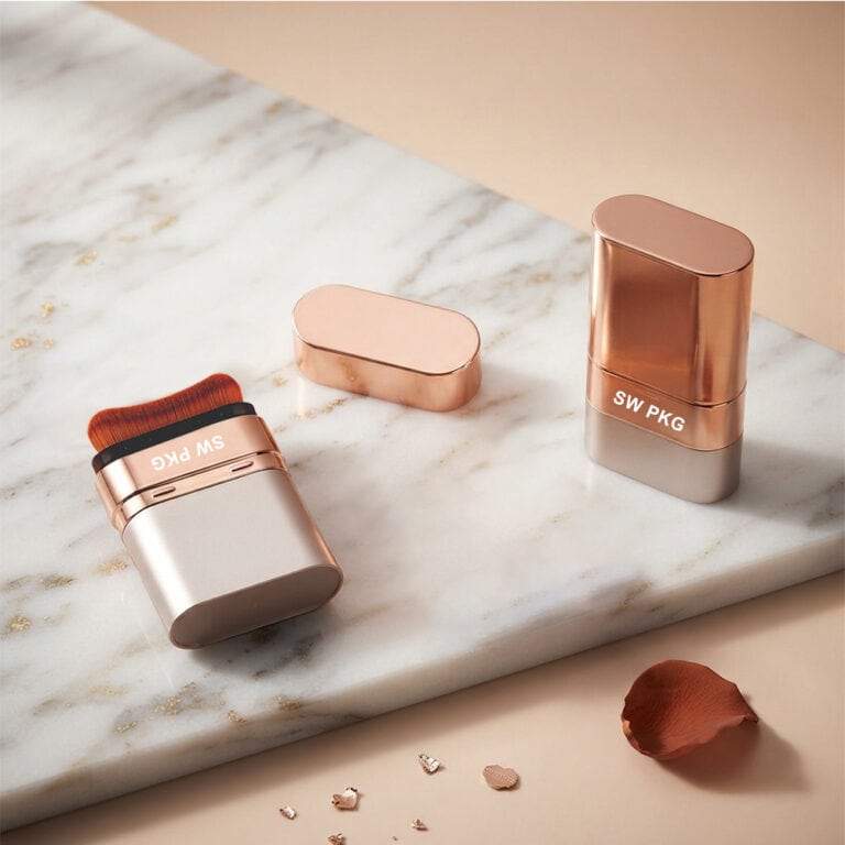 Elegant rose gold and silver deodorant stick cases on marble surface.