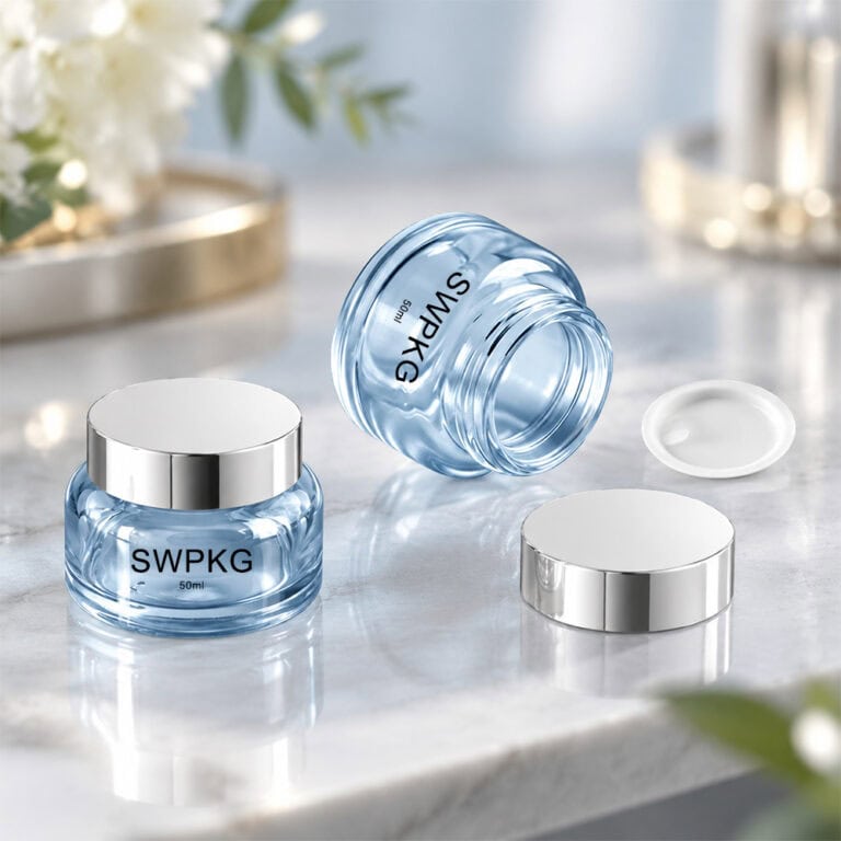 Elegant 50ml glass jars with silver lids for packaging cosmetics or skincare products.