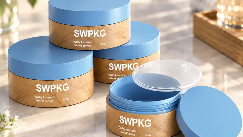 Blue cosmetic jars with brown labels for packaging by Somewang Packaging.