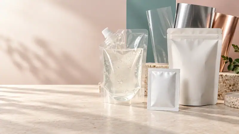 Flexible packaging films for cosmetics and personal care products.