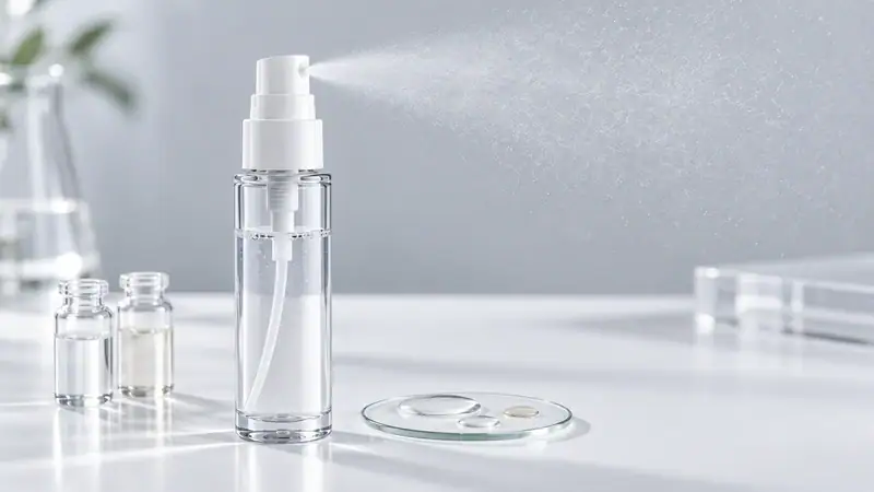 Transparent spray bottle with mist spray for liquid products.