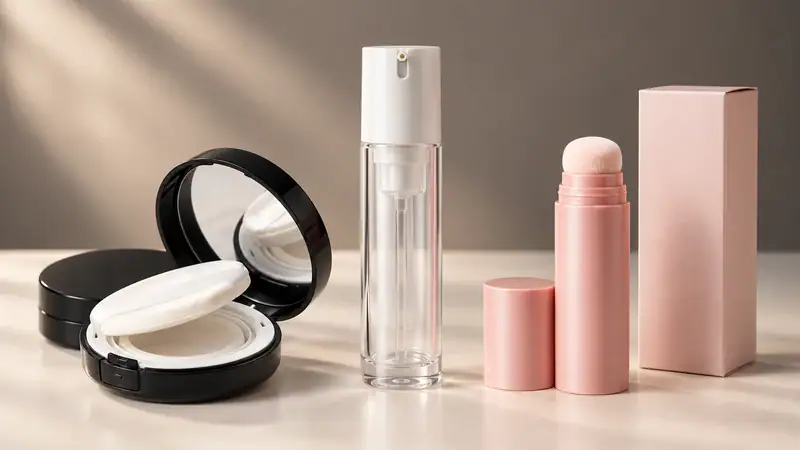 Elegant cosmetic spray bottles and applicators for makeup and foundation.