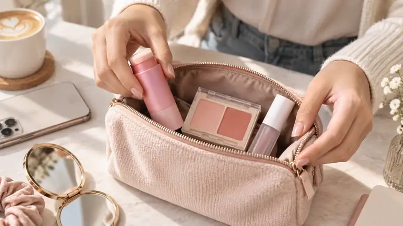 Makeup bag with various cosmetic products inside, on a light-colored surface.