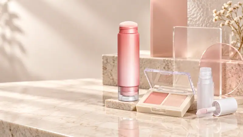 Elegant makeup containers on marble surface with soft pink and white tones.