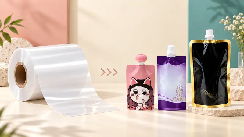 Flexible rollstock film for packaging cosmetic and refill packs.