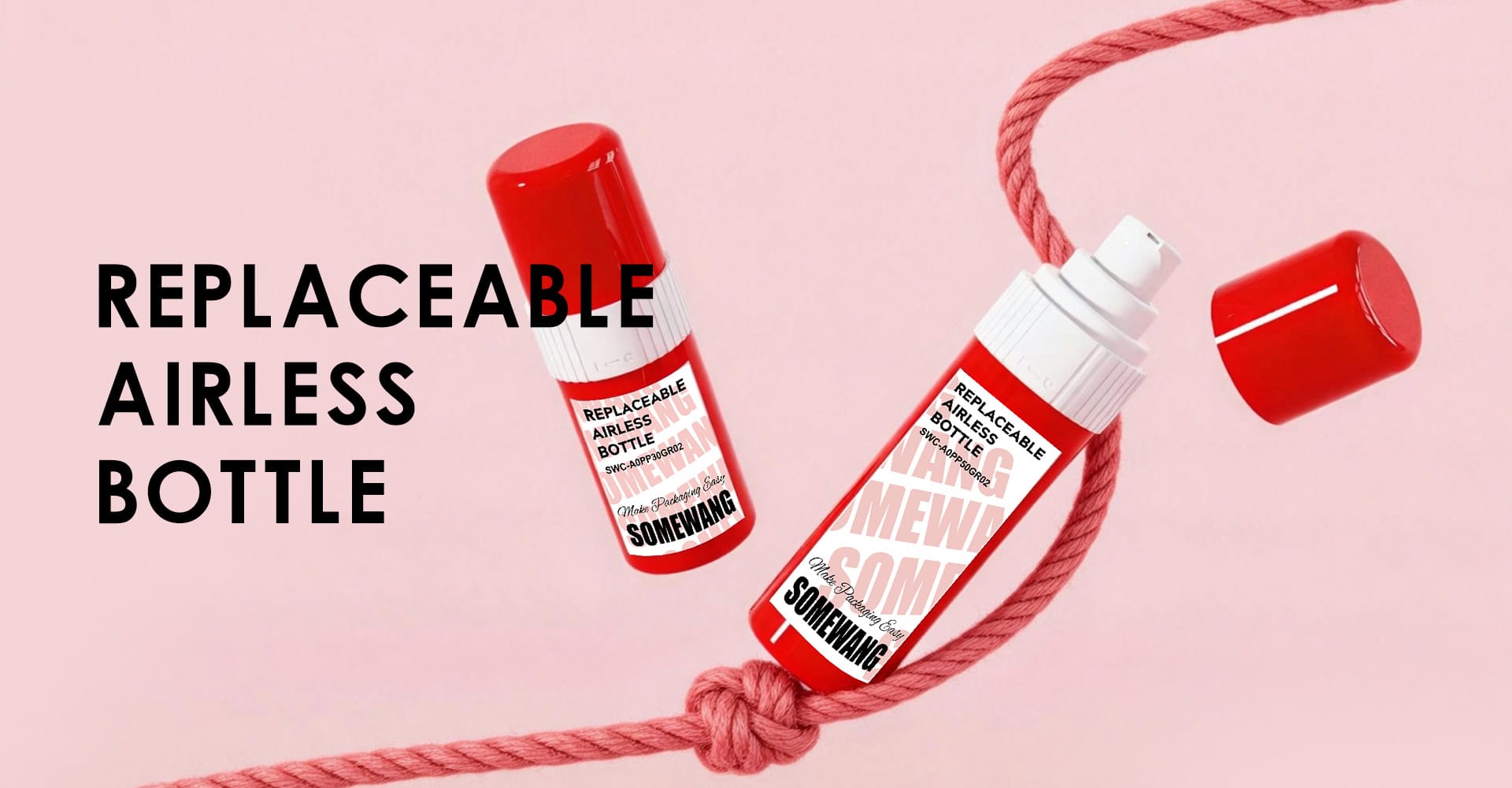 Replaceable airless bottle with red cap and pink rope for eco-friendly packaging.