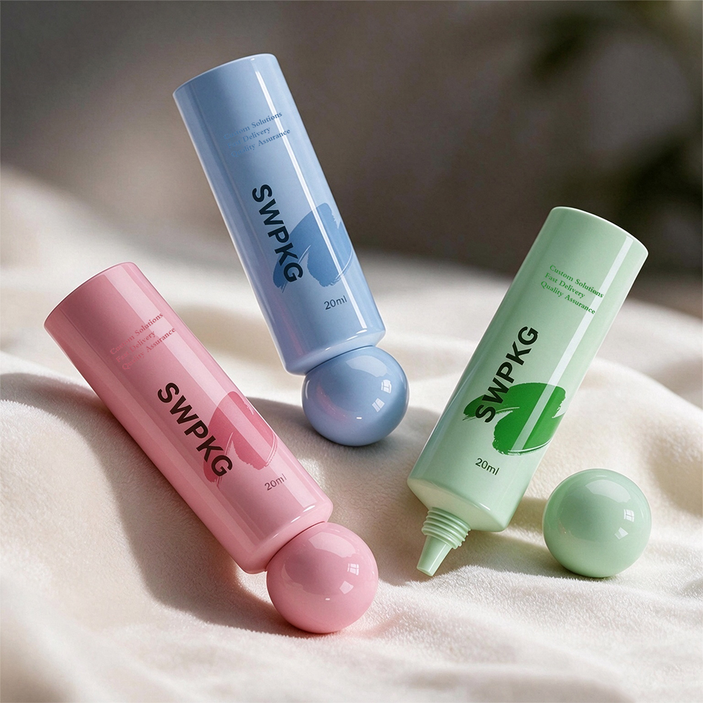Somewang packaging tubes in pink blue and green on soft fabric.