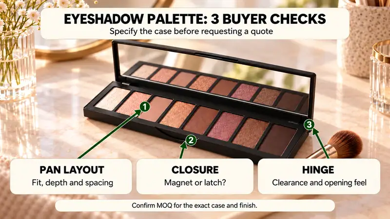 Eyeshadow palette with 3 buyer checks for packaging quality.