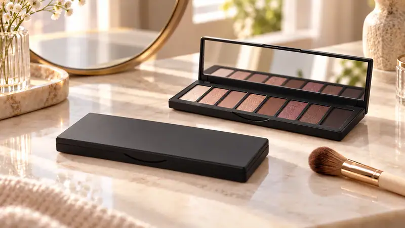 Elegant eyeshadow palette with mirror and brush on marble surface.