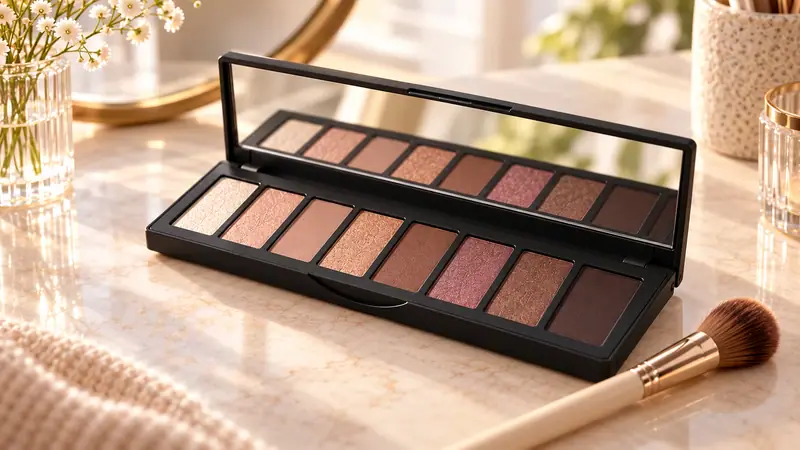 Elegant eyeshadow palette with mirror and brush for makeup artists.