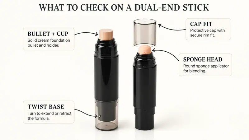 Dual-end foundation stick with sponge applicator and twist base for easy use.