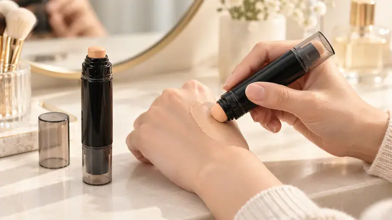 Applying foundation with a sponge on a hand for packaging display.